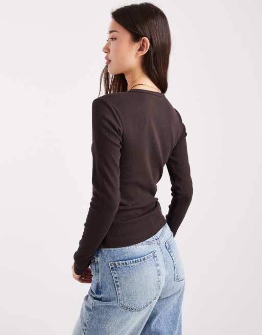 Vero Moda long sleeve baby ribbed top in brown, 4 of 4