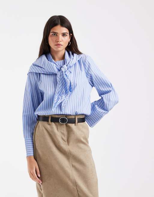 Vero Moda long sleeve blouse with scarf detail in light blue stripe, 3 of 4