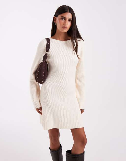 Vero Moda long sleeve boat neck knit mini dress in cream