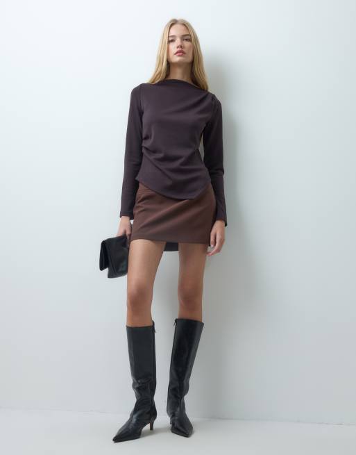 Vero Moda long sleeve boatneck asymmetric top in chocolate brown, 2 of 4