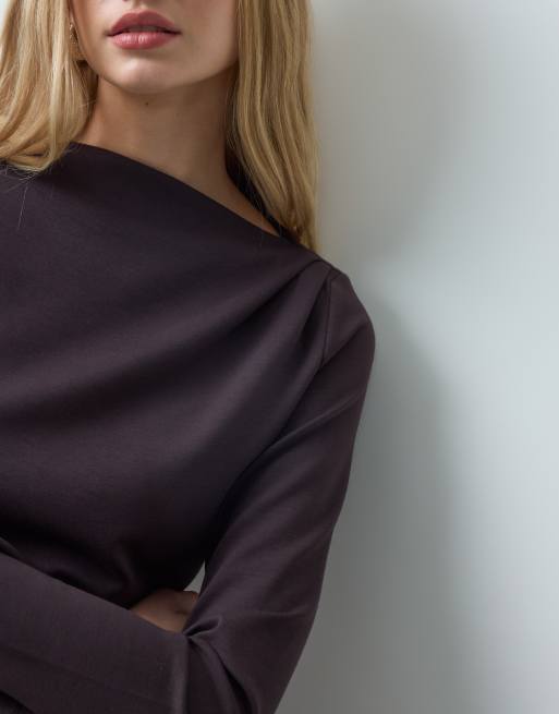 Vero Moda long sleeve boatneck asymmetric top in chocolate brown, 4 of 4