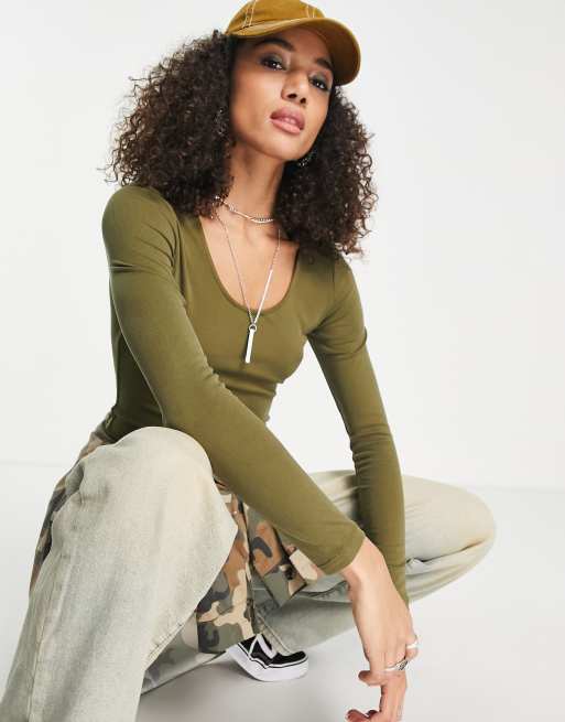 Vero Moda long sleeve bodysuit in khaki, 3 of 4