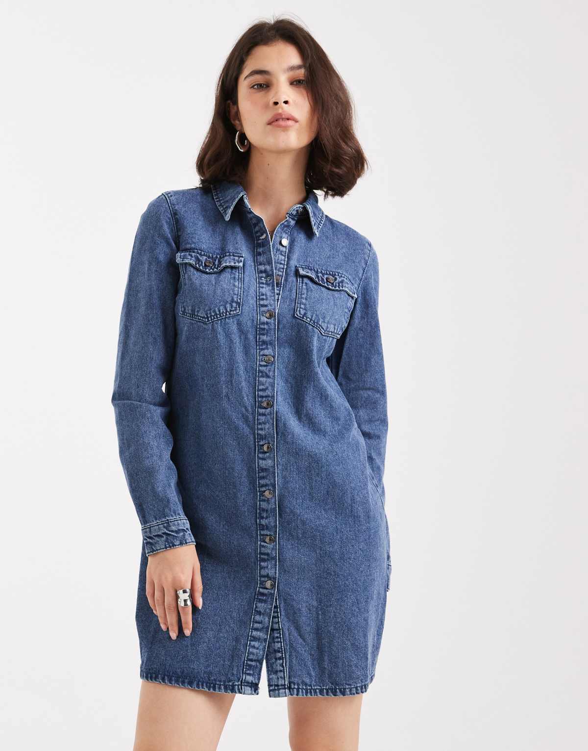 Vero Moda long sleeve denim shirt dress in medium blue