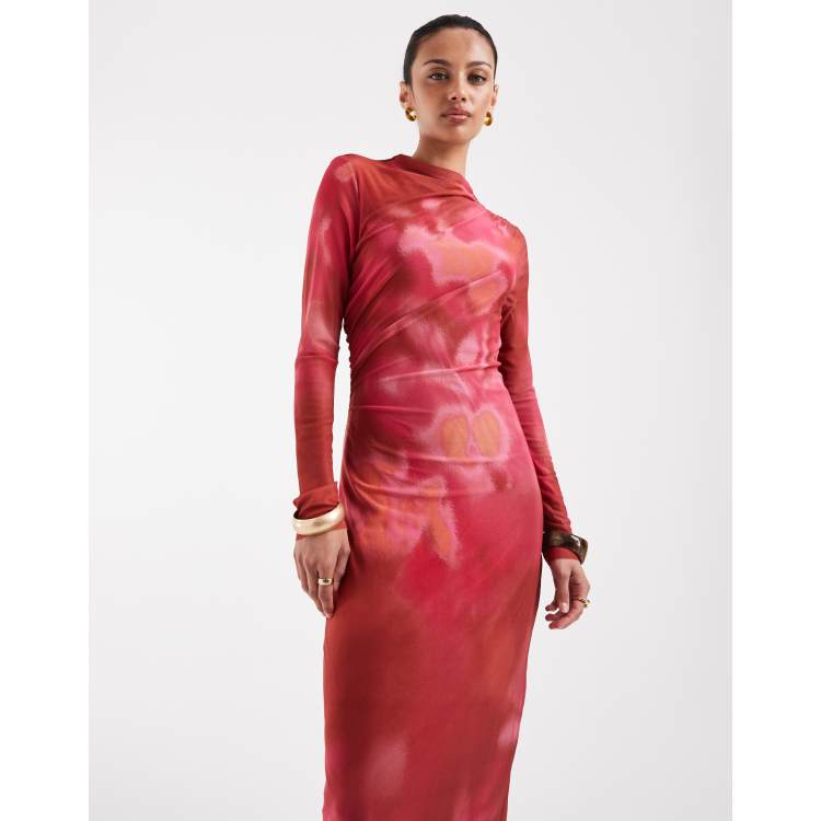 long sleeve ruched party dress Klaudia Ruched Long Sleeve Midi Dress Fit and Flare