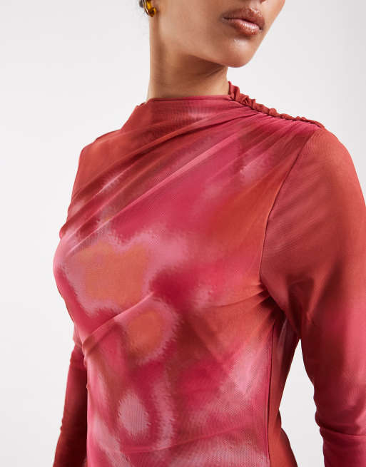 Vero Moda long sleeve drapey mesh maxi dress in pink and orange marble print, 3 of 4