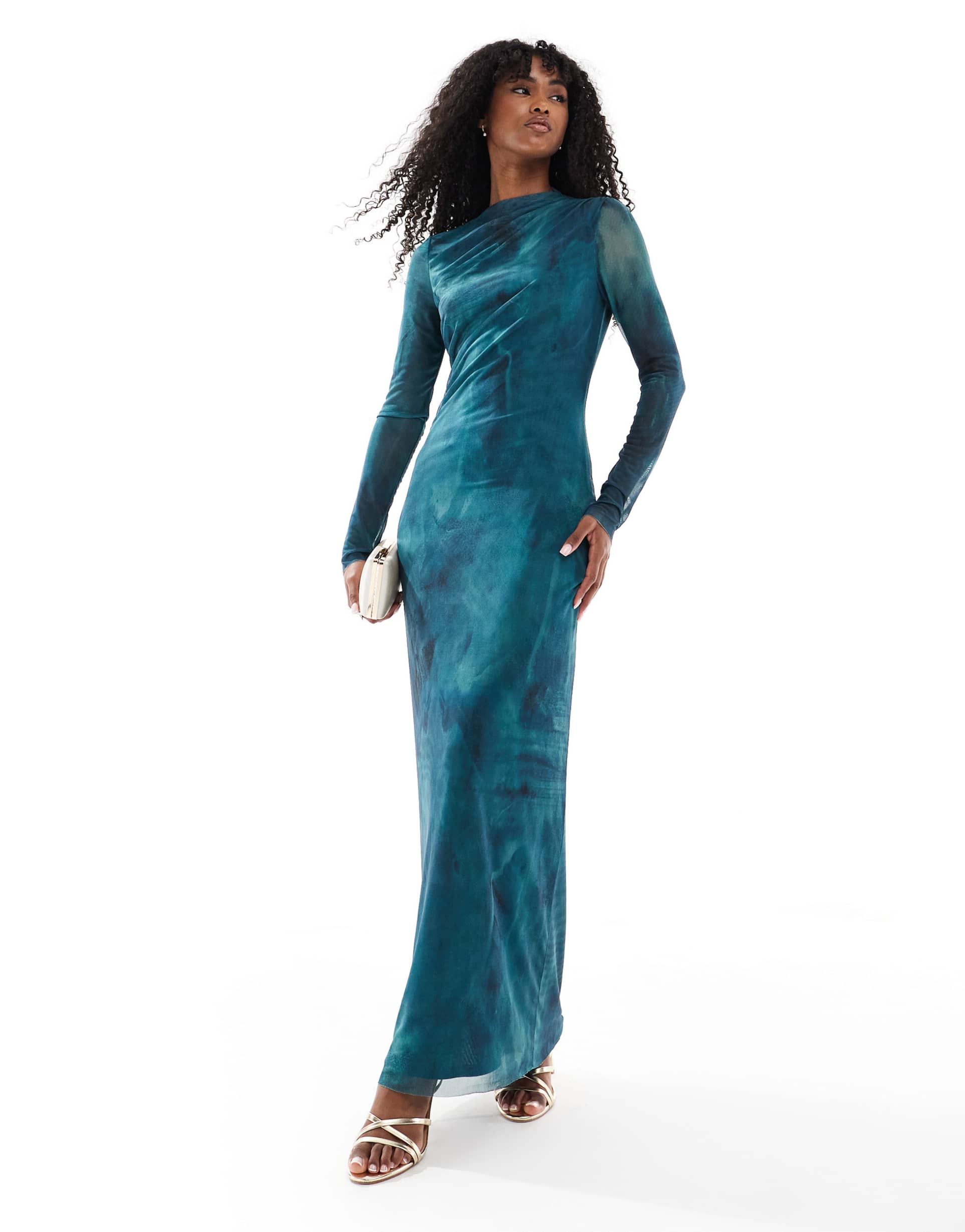vero moda long sleeve drapey mesh maxi dress in teal and green marble print