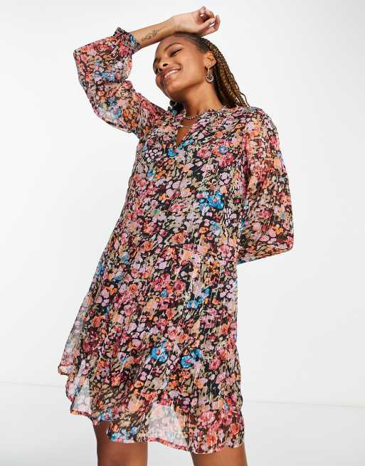 Vero Moda long sleeve floaty v neck mini dress in floral print