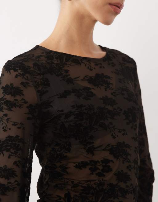 Vero Moda long sleeve floral burnout top in chocolate brown, 2 of 4
