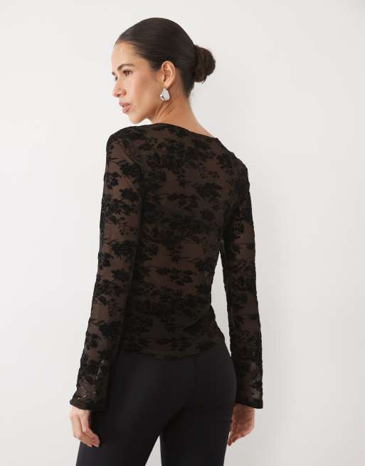 Vero Moda long sleeve floral burnout top in chocolate brown, 4 of 4