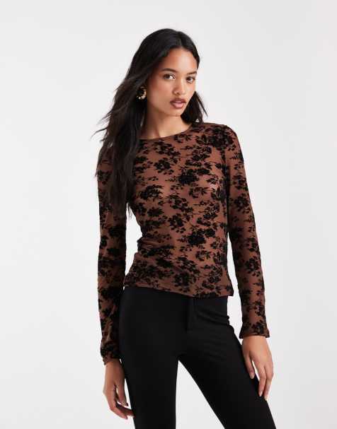 Vero Moda long sleeve floral burnout top in light brown
