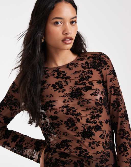 Vero Moda long sleeve floral burnout top in light brown, 3 of 4