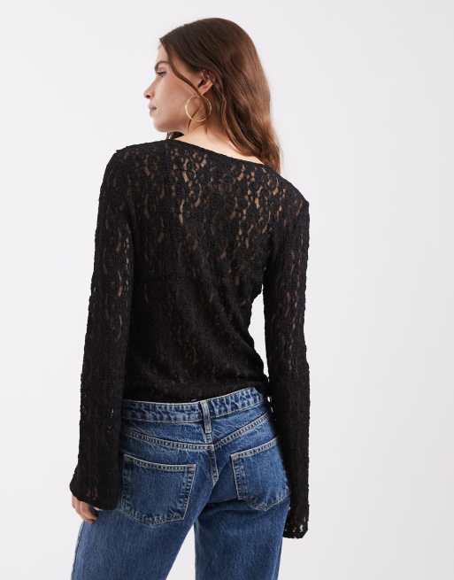 Vero Moda long sleeve frill detail lace top in black, 3 of 4