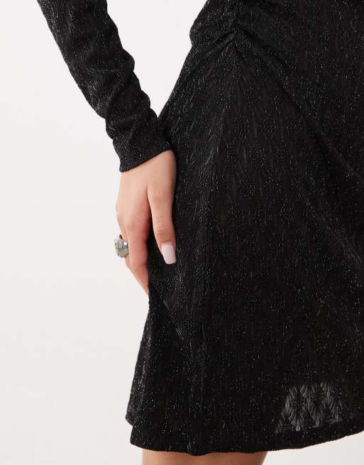 Vero Moda long sleeve glitter detail mini dress in black, 3 of 4