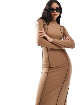 long sleeve jersey maxi dress with contrast stiching in brown-Neutral