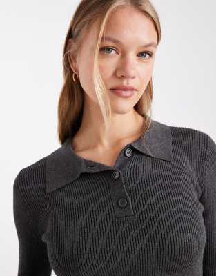 Vero Moda Long Sleeve Knit Polo Shirt In Gray