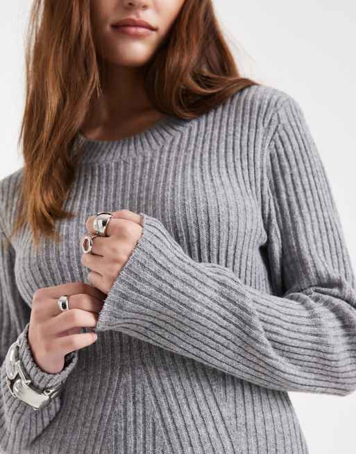 Vero Moda long sleeve knitted mini dress in medium grey melange, 3 of 4