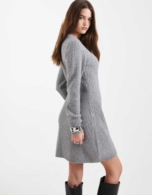 Vero Moda long sleeve knitted mini dress in medium grey melange, 4 of 4