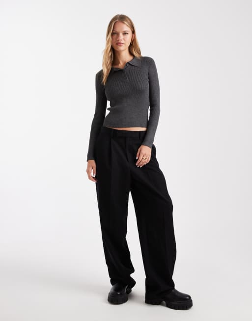Vero Moda long sleeve knitted polo shirt in dark grey melange, 4 of 4