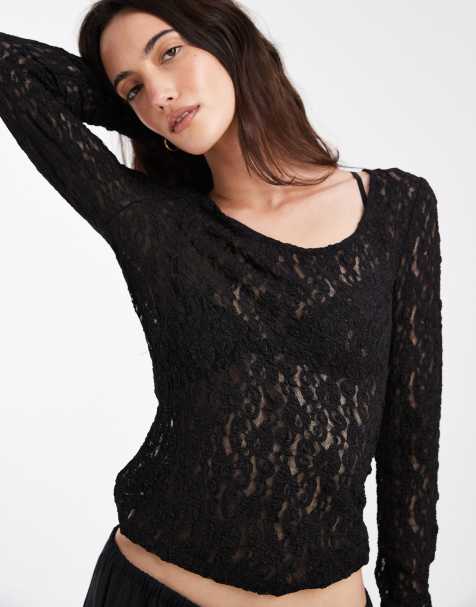 Vero Moda long sleeve lace reversible top in black - view 1