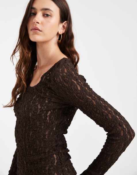 Vero Moda long sleeve lace reversible top in chocolate brown - view 1