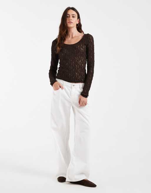 Vero Moda long sleeve lace reversible top in chocolate brown, 2 of 4