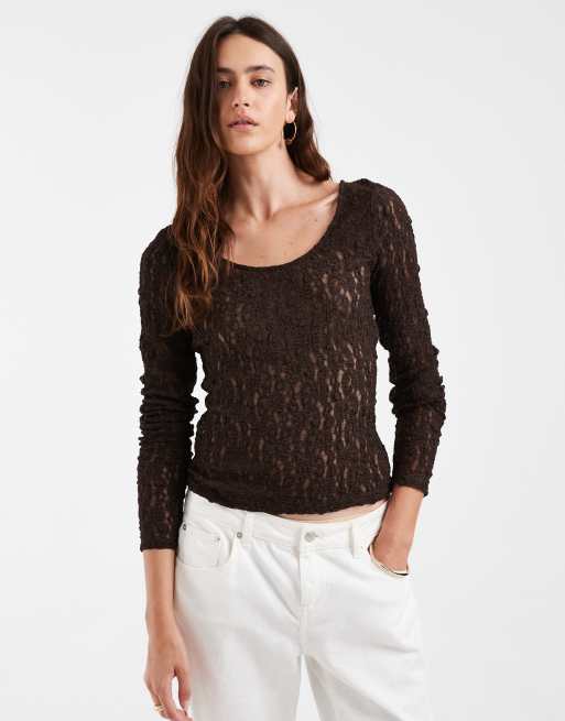 Vero Moda long sleeve lace reversible top in chocolate brown, 3 of 4