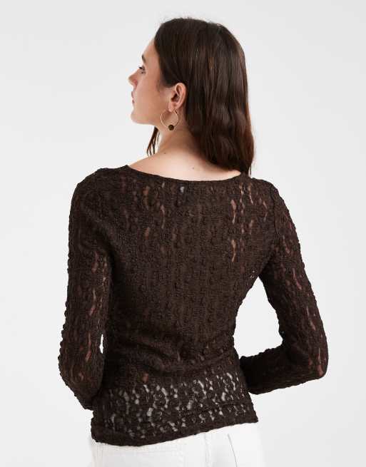 Vero Moda long sleeve lace reversible top in chocolate brown, 4 of 4