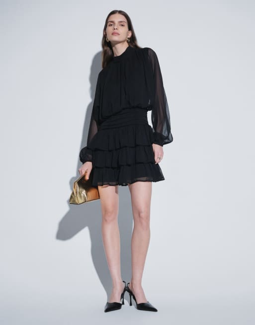 Vero Moda long sleeve layered mini dress in black, 2 of 4