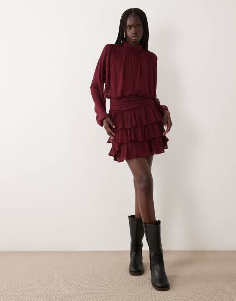 Vero Moda long sleeve layered mini dress in burgundy