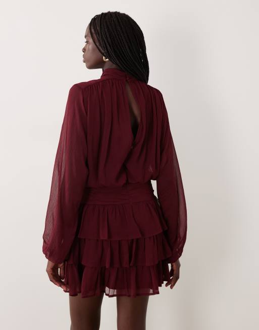 Vero Moda long sleeve layered mini dress in burgundy, 2 of 4