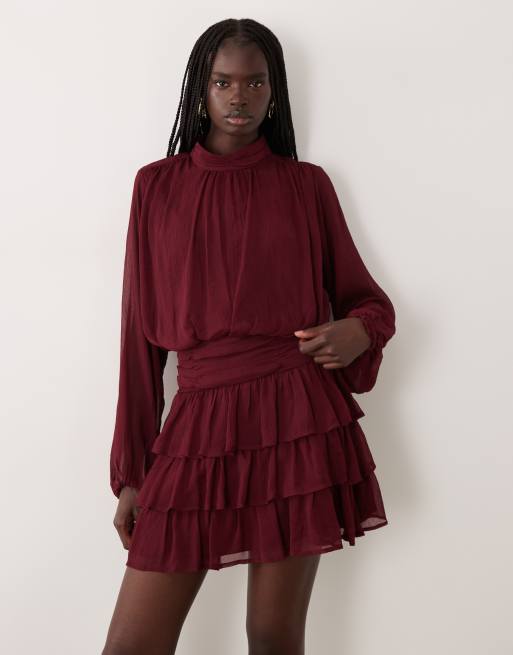Vero Moda long sleeve layered mini dress in burgundy, 3 of 4
