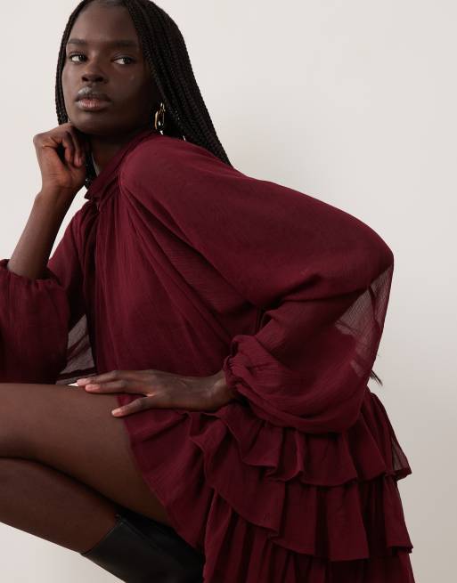 Vero Moda long sleeve layered mini dress in burgundy, 4 of 4