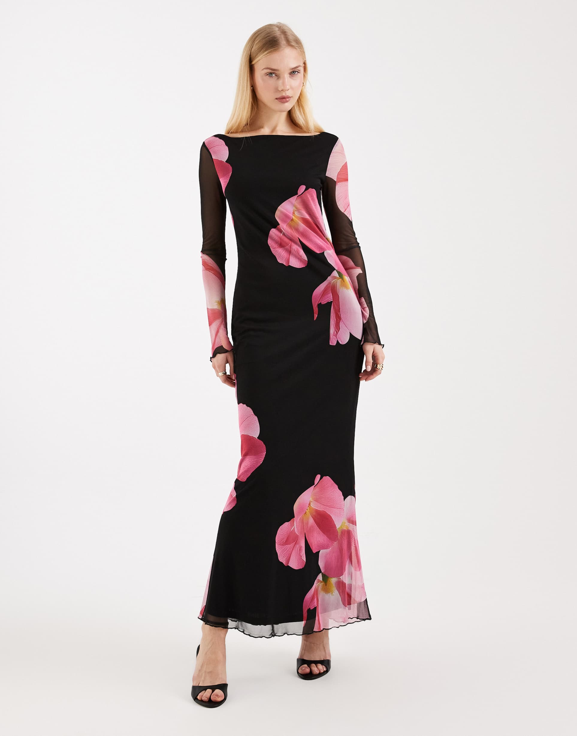 vero moda long sleeve mesh maxi dress in black with overblown floral