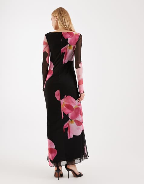 strapless open back dress Black Digital Mesh Flower Maxi Dress main image 1