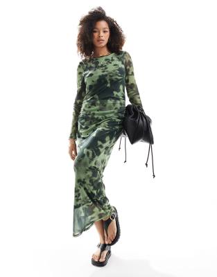 long sleeve mesh maxi dress in green blurred floral