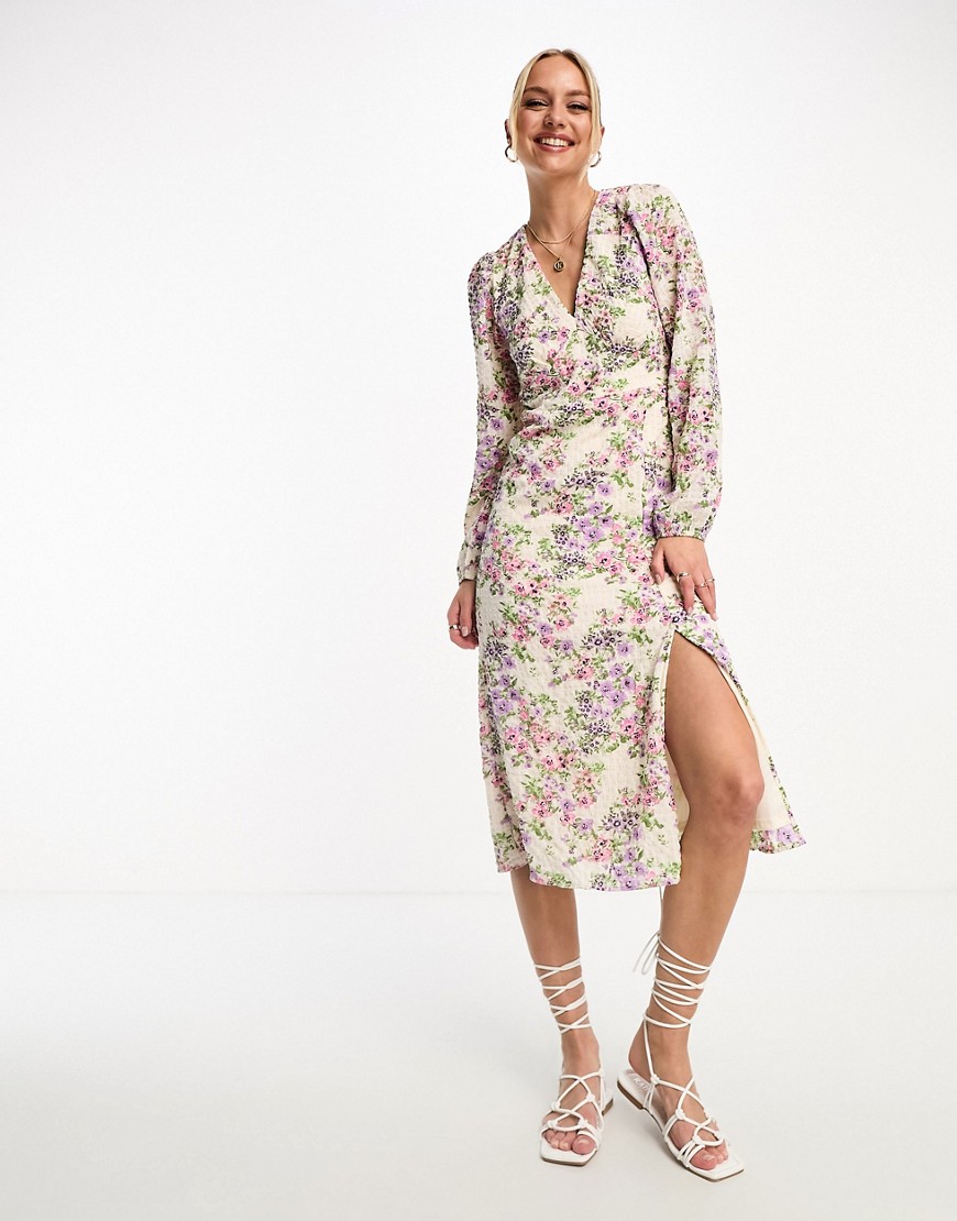 Vero Moda long sleeve midi dress in pink and purple floral-White