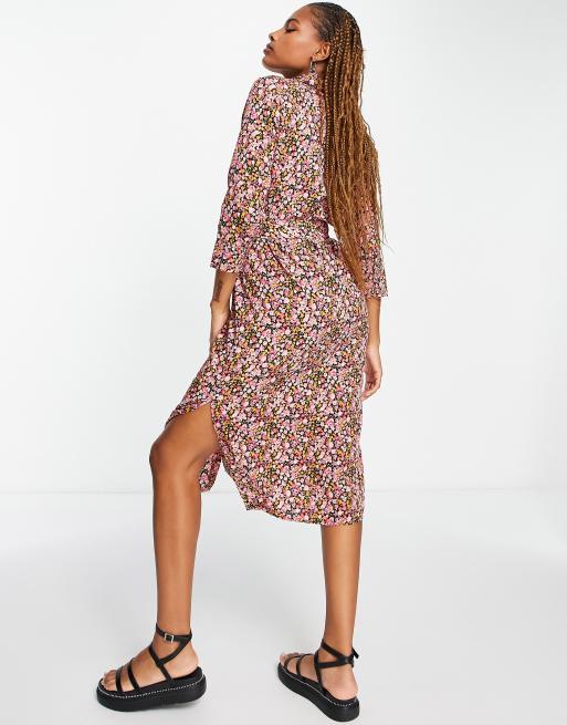 Vero Moda long sleeve midi shirt dress with tie waist in ditsy