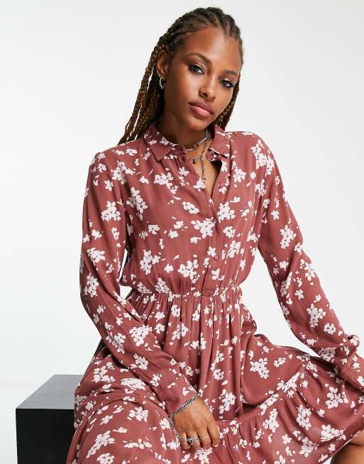 Vero Moda long sleeve mini shirt dress in mahogany print ASOS