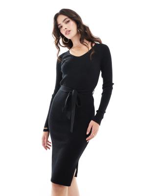 long sleeve rib knit midi dress with belt in black