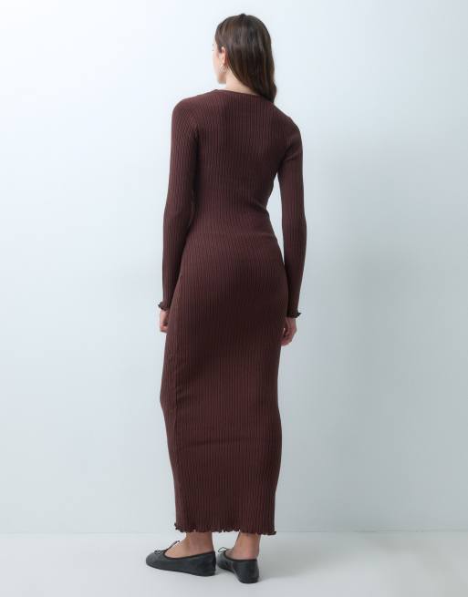 Vero Moda long sleeve ribbed knit maxi dress in dark brown, 3 of 4