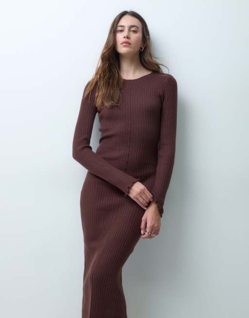 Vero Moda long sleeve ribbed knit maxi dress in dark brown, 4 of 4