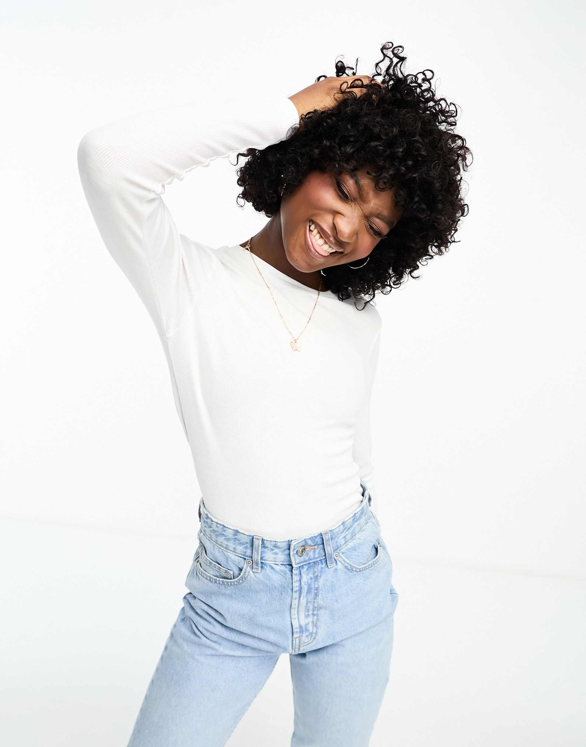 vero moda long sleeve ribbed t-shirt in white