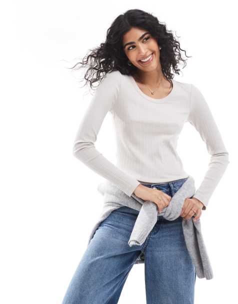 Vero Moda long sleeve ribbed top in stone - view 1