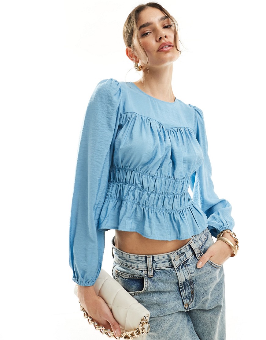 long sleeve ruched smock top in light blue