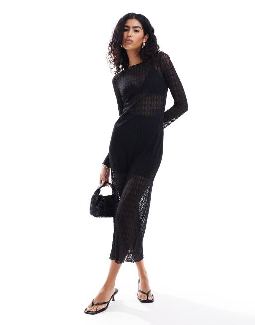 Stori Long Sleeve Sheer Layered Maxi Dress in Black