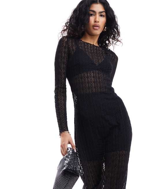 Miss Selfridge long sleeve sheer lace maxi dress in black