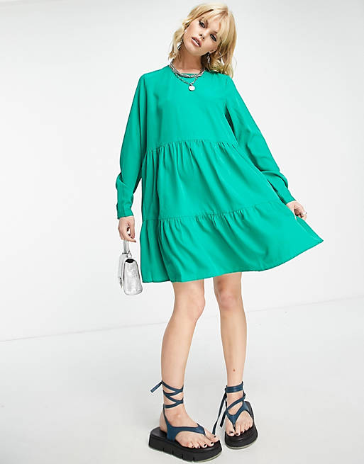 Vero Moda long sleeve smock dress in green