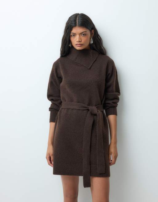 Vero Moda long sleeve split neck knitted mini dress with tie waist in chocolate brown, 2 of 5