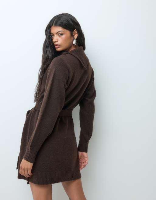 Vero Moda long sleeve split neck knitted mini dress with tie waist in chocolate brown, 5 of 5