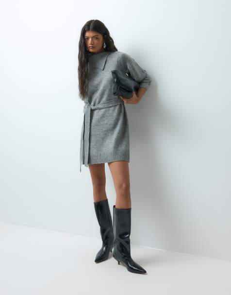 Vero Moda long sleeve split neck knitted mini dress with tie waist in grey - view 1